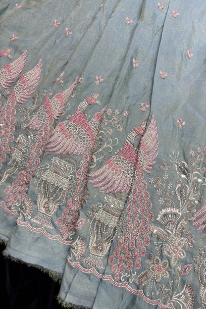 Peafowl Atelier Embroidery With Scallops Edged Uppada Tissue Fabric