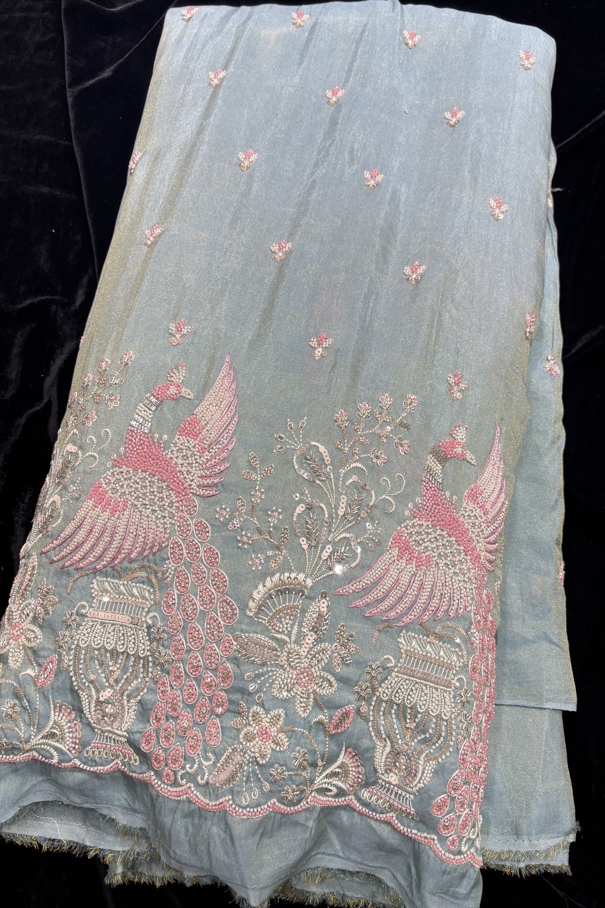 Peafowl Atelier Embroidery With Scallops Edged Uppada Tissue Fabric