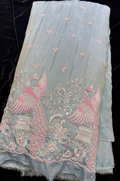 Peafowl Atelier Embroidery With Scallops Edged Uppada Tissue Fabric