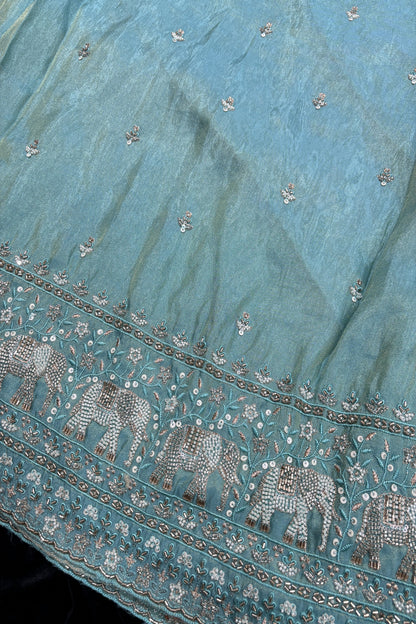 Elephant’s Embroidery With Cut Beads & Sequins Scallop Edged Uppada Tissue Fabric