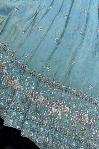 Elephant’s Embroidery With Cut Beads & Sequins Scallop Edged Uppada Tissue Fabric