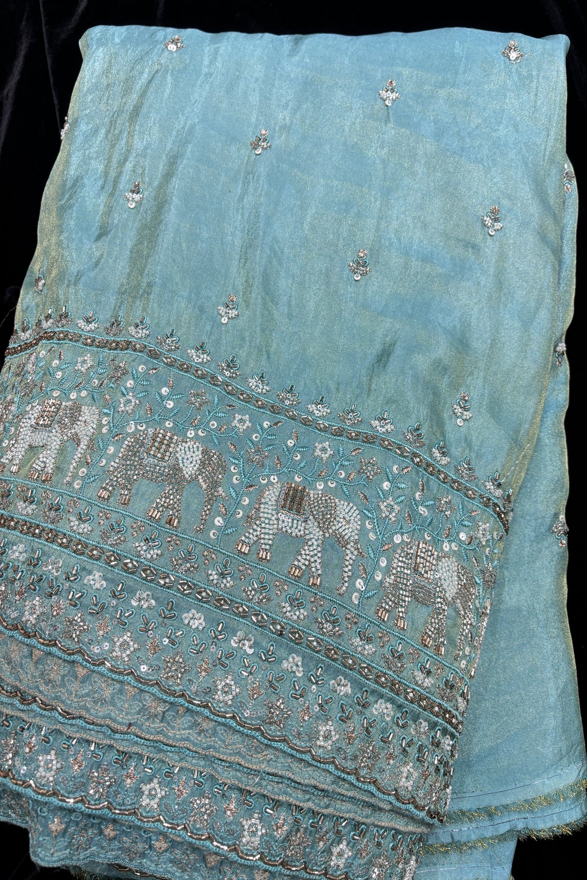 Elephant’s Embroidery With Cut Beads & Sequins Scallop Edged Uppada Tissue Fabric