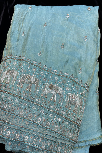 Elephant’s Embroidery With Cut Beads & Sequins Scallop Edged Uppada Tissue Fabric