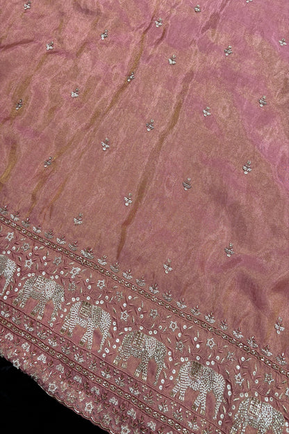 Elephant’s Embroidery With Cut Beads & Sequins Scallop Edged Uppada Tissue Fabric