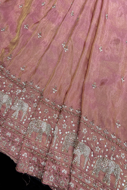 Elephant’s Embroidery With Cut Beads & Sequins Scallop Edged Uppada Tissue Fabric