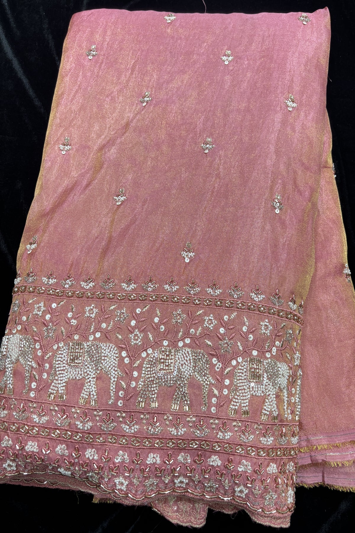 Elephant’s Embroidery With Cut Beads & Sequins Scallop Edged Uppada Tissue Fabric