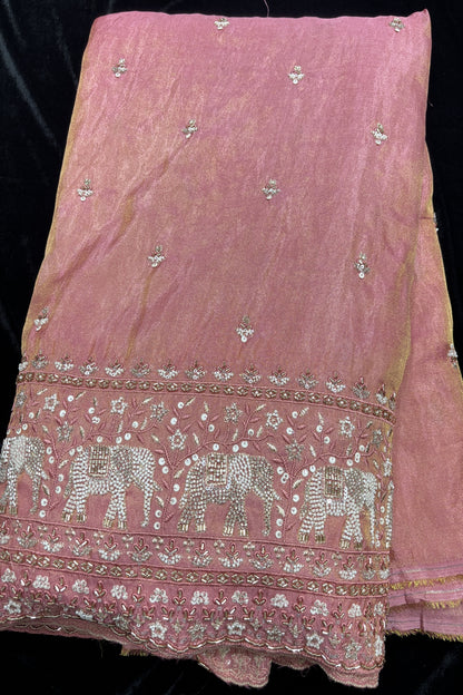 Elephant’s Embroidery With Cut Beads & Sequins Scallop Edged Uppada Tissue Fabric