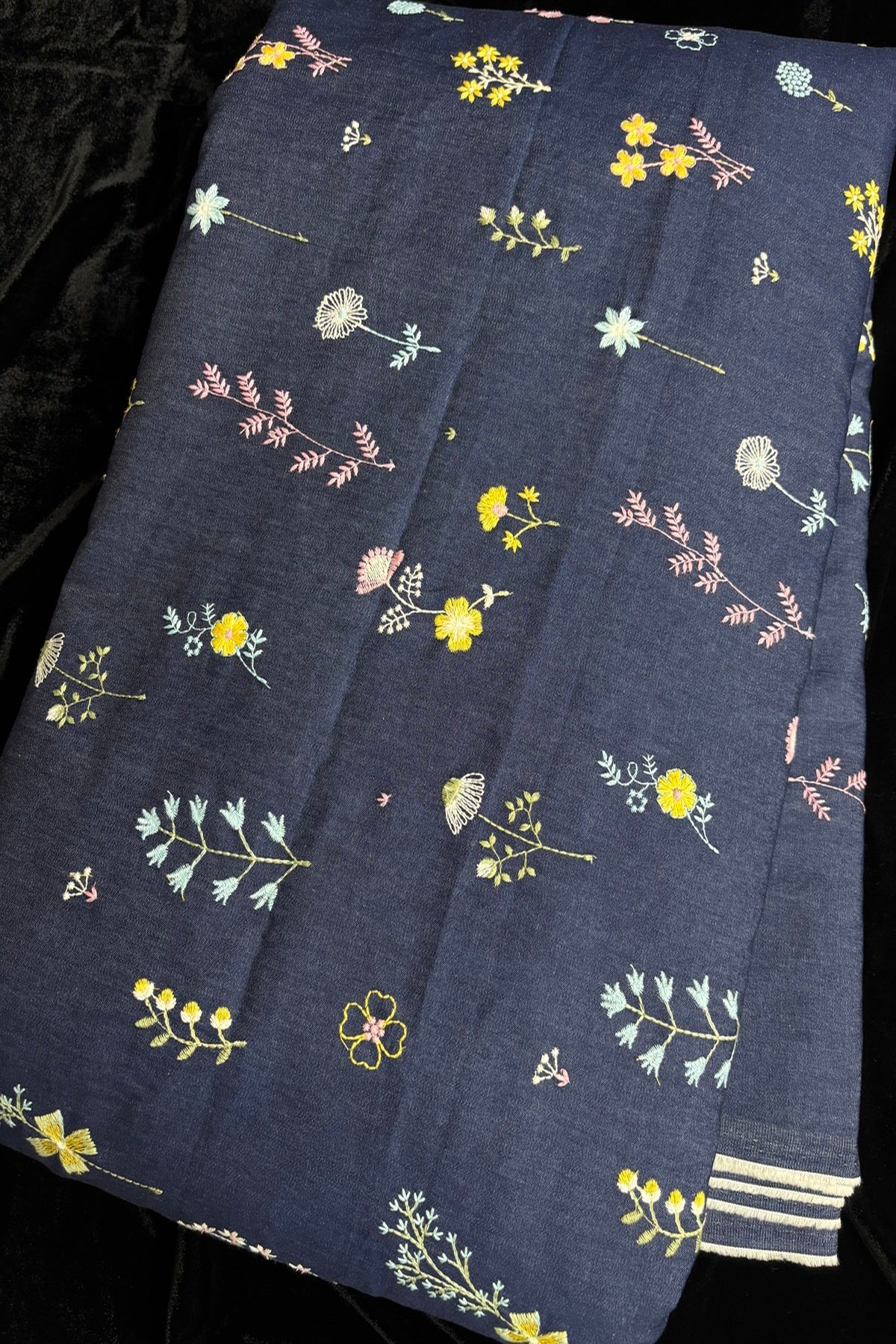 Floriferous Flowers Embroidered Natural Dark Blue Denim Fabric