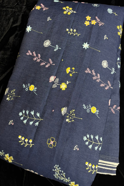 Floriferous Flowers Embroidered Natural Dark Blue Denim Fabric
