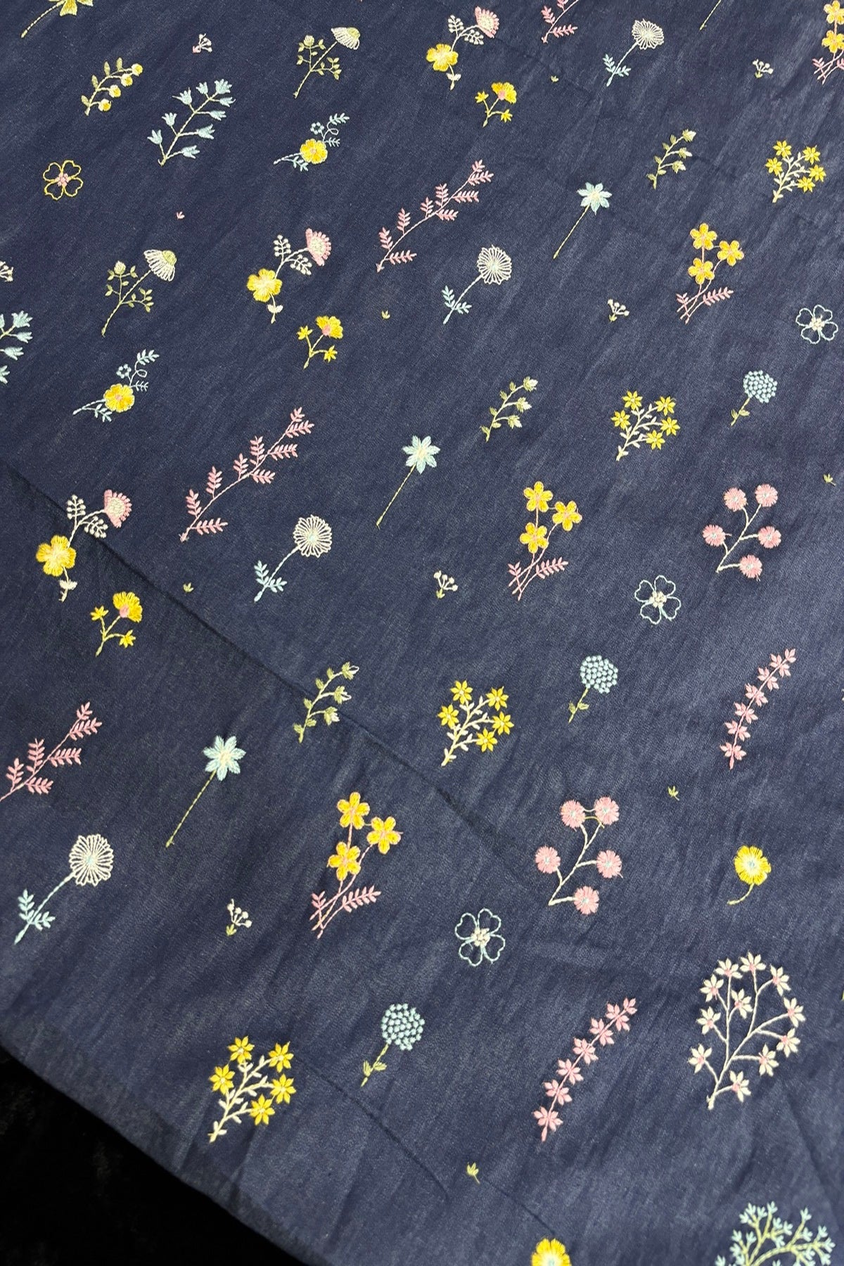 Floriferous Flowers Embroidered Natural Dark Blue Denim Fabric
