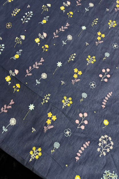 Floriferous Flowers Embroidered Natural Dark Blue Denim Fabric
