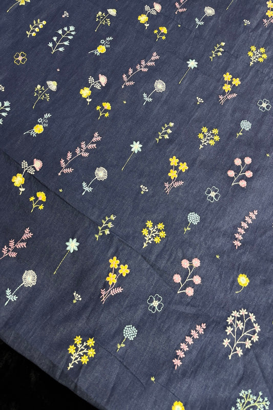 Floriferous Flowers Embroidered Natural Dark Blue Denim Fabric