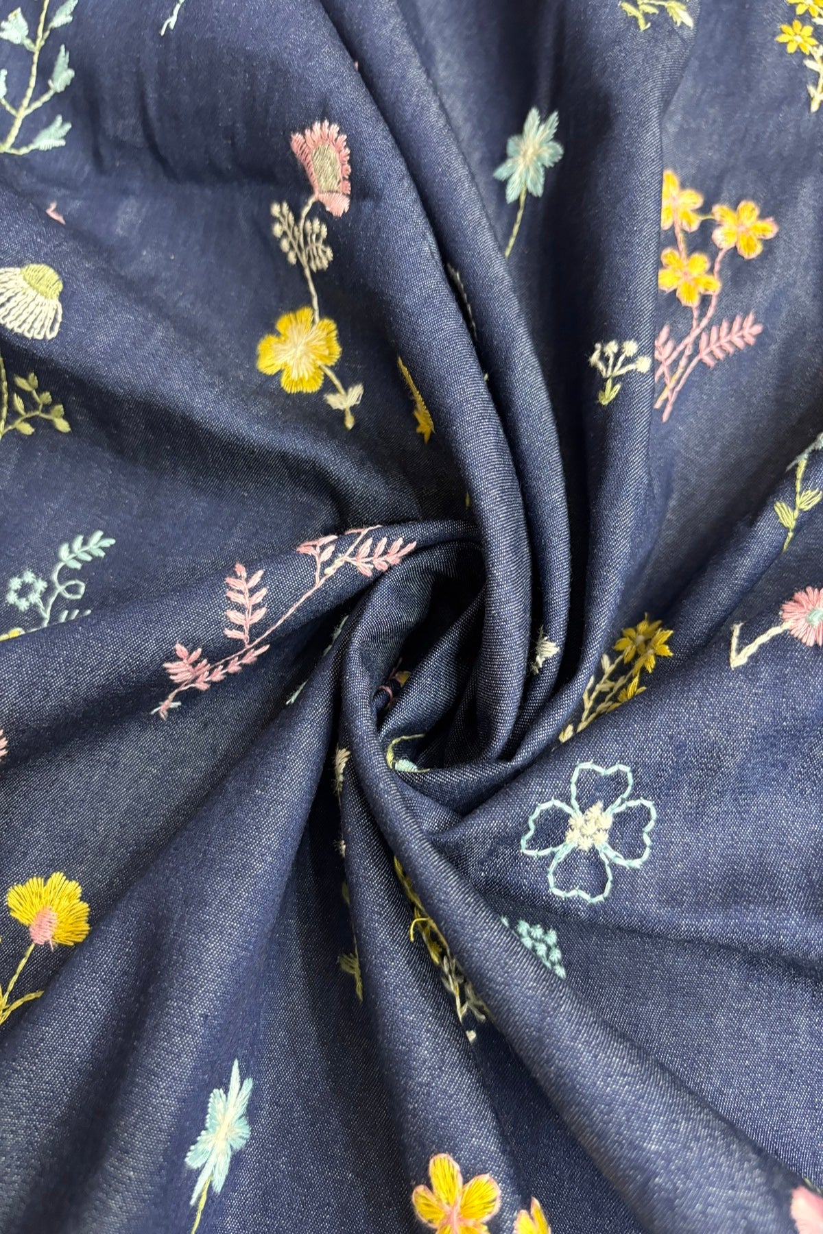 Floriferous Flowers Embroidered Natural Dark Blue Denim Fabric
