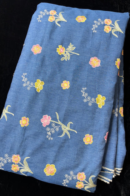 Floriferous Flowers Embroidered Natural Denim Fabric