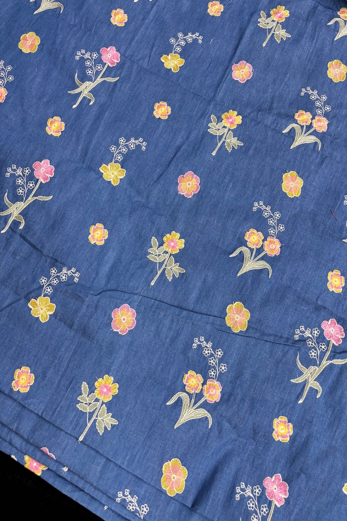 Floriferous Flowers Embroidered Natural Denim Fabric
