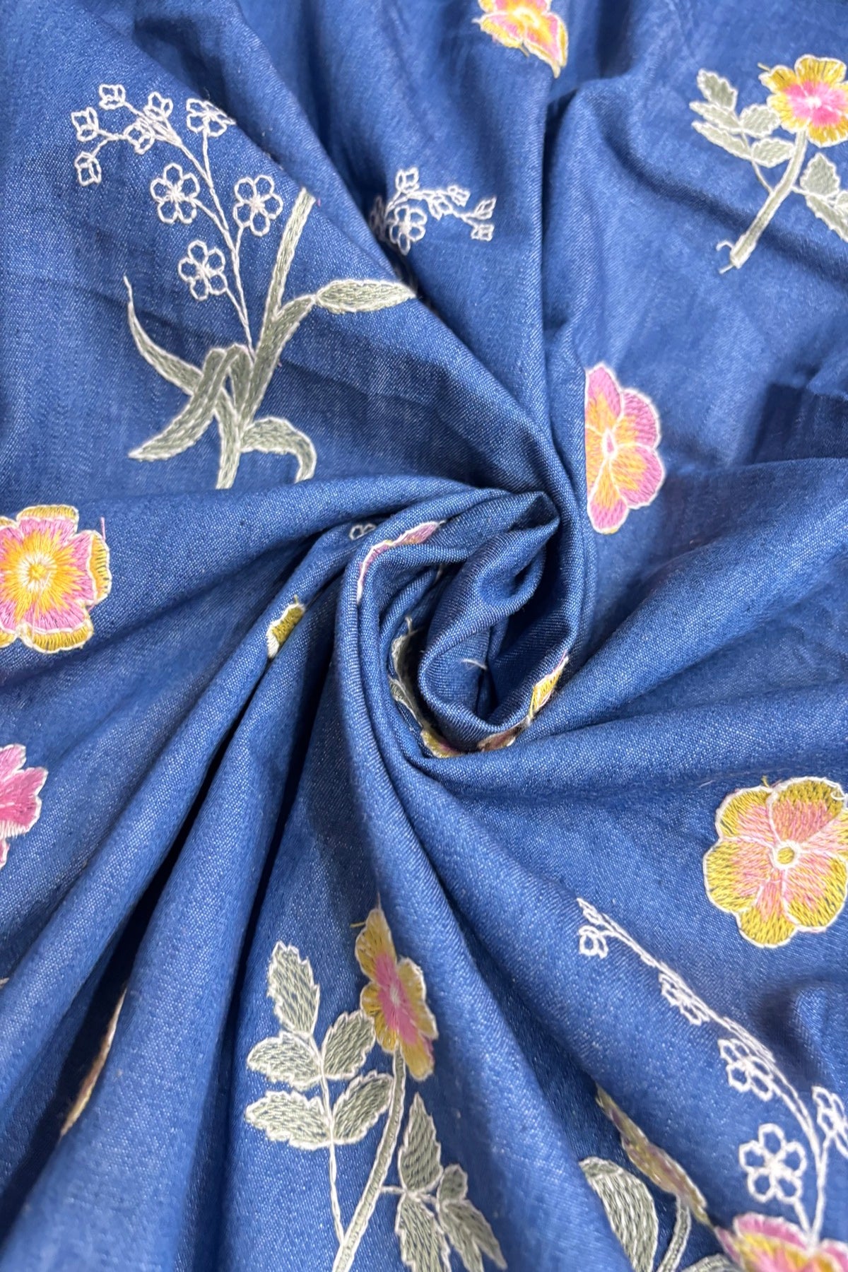 Floriferous Flowers Embroidered Natural Denim Fabric