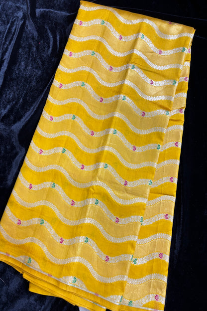 Katan & Tissue Wave Patterned Meenakari Woven Pure Banaras Silk Fabric