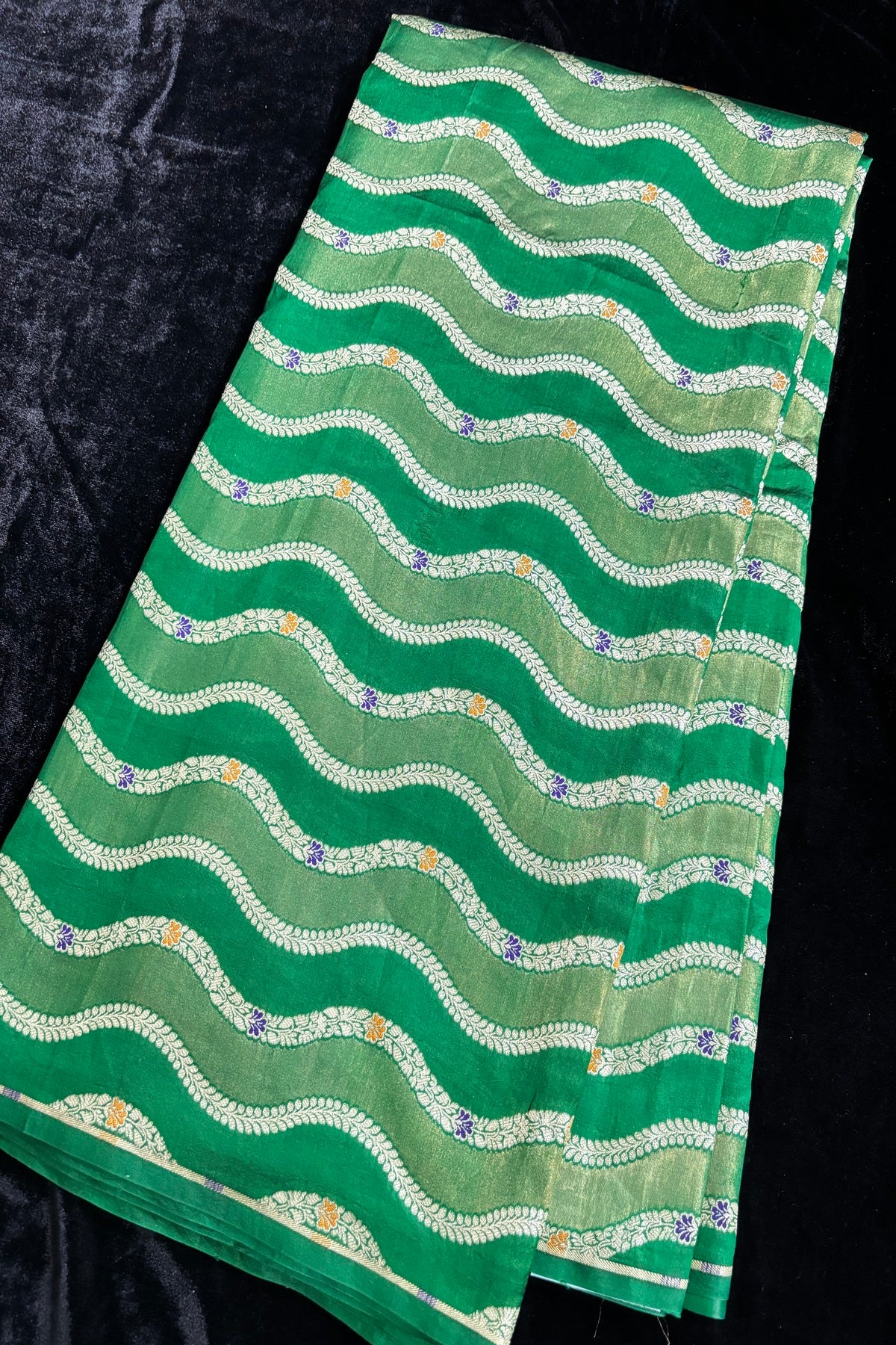 Katan & Tissue Wave Patterned Meenakari Woven Pure Banaras Silk Fabric