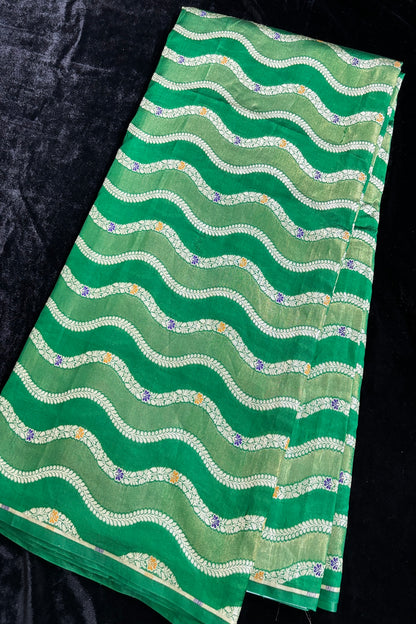 Katan & Tissue Wave Patterned Meenakari Woven Pure Banaras Silk Fabric