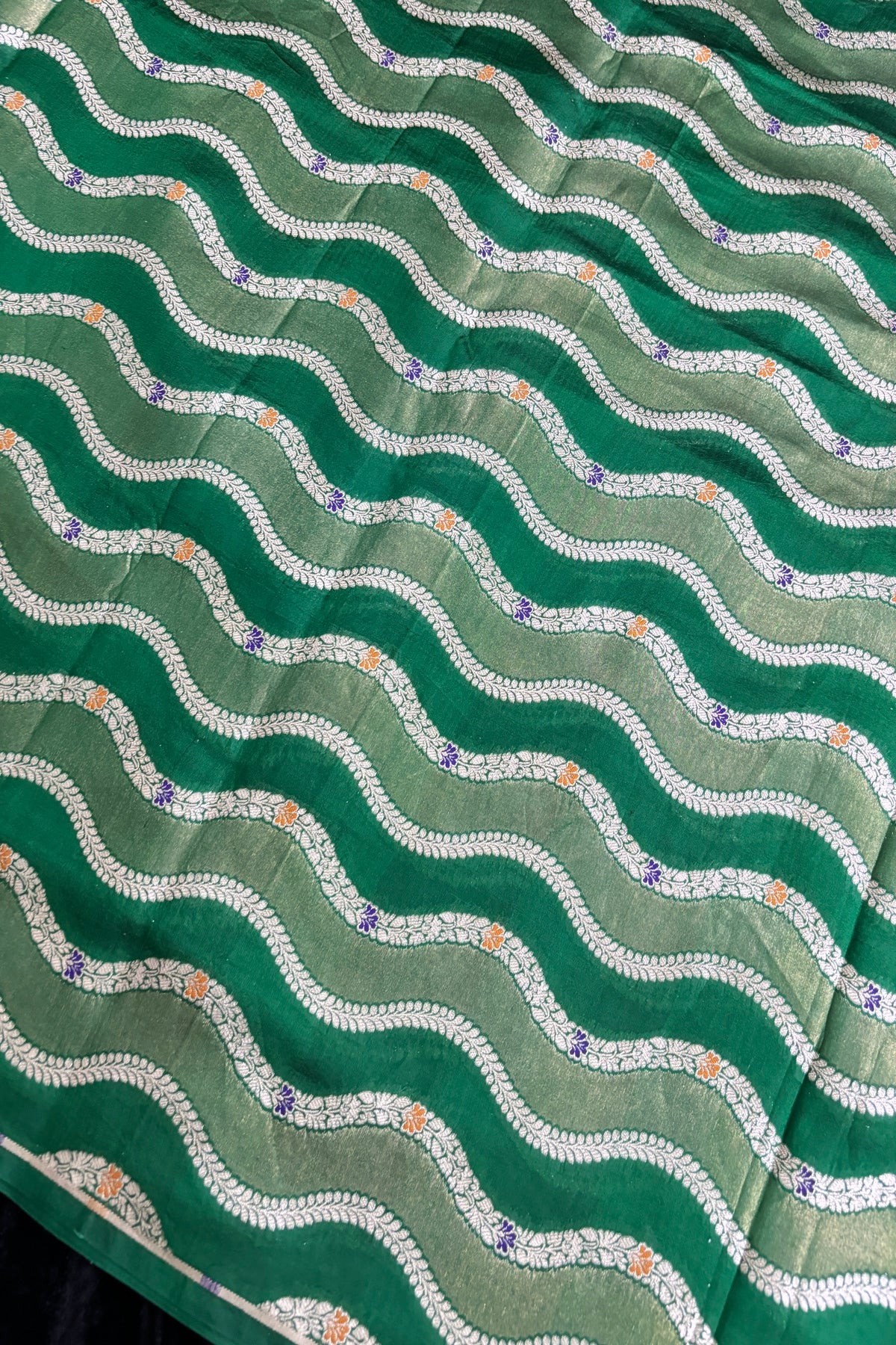Katan & Tissue Wave Patterned Meenakari Woven Pure Banaras Silk Fabric