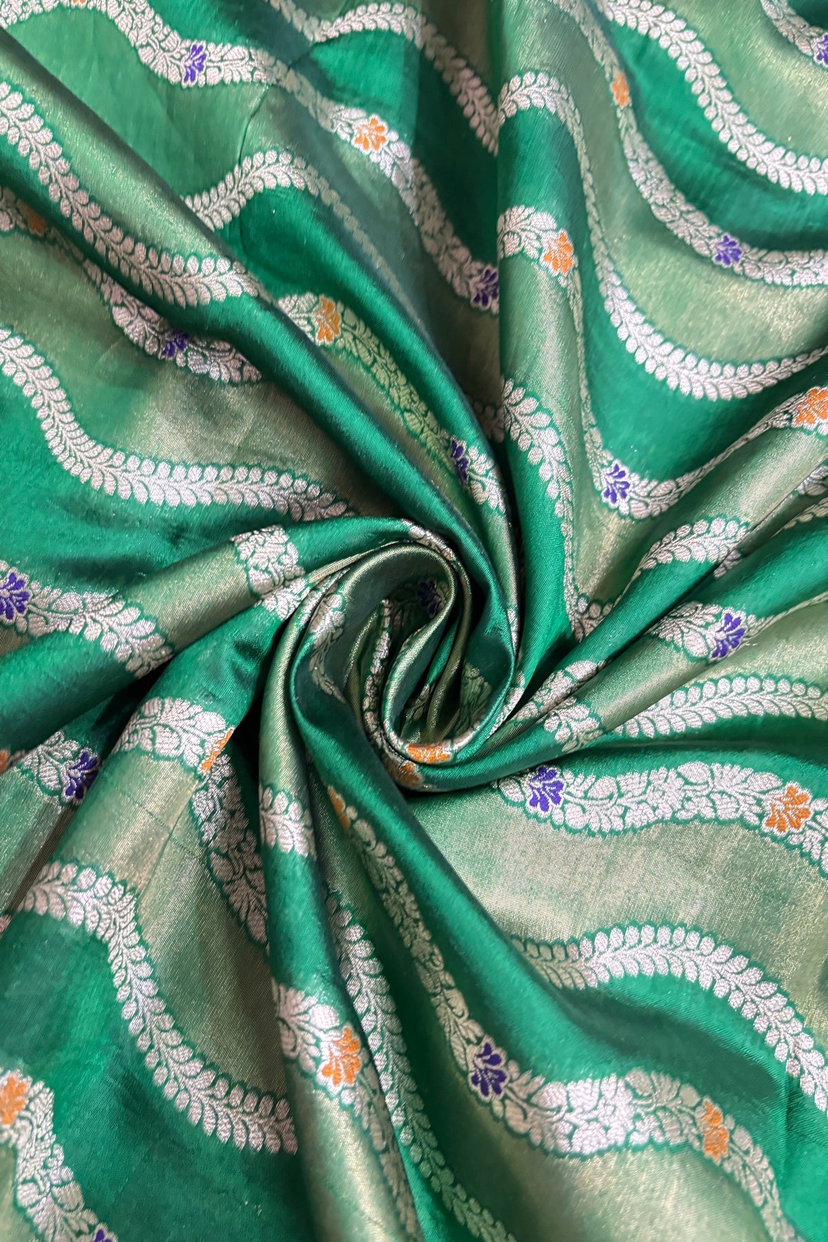 Katan & Tissue Wave Patterned Meenakari Woven Pure Banaras Silk Fabric
