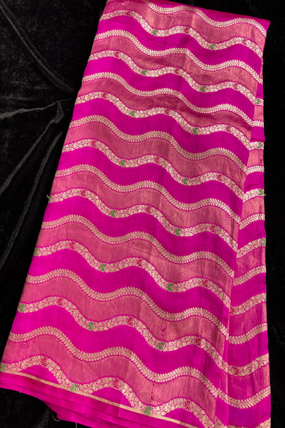 Katan & Tissue Wave Patterned Meenakari Woven Pure Banaras Silk Fabric