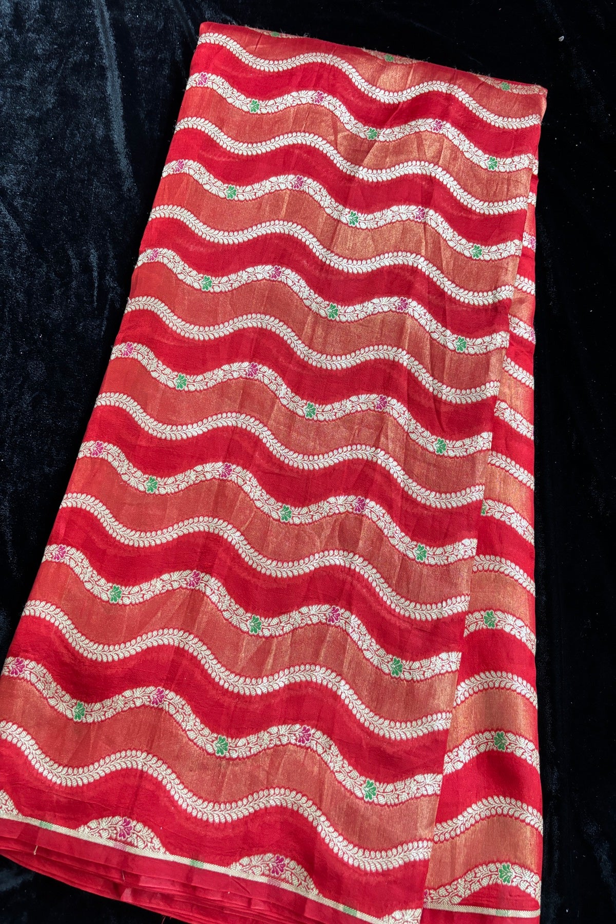 Katan & Tissue Wave Patterned Meenakari Woven Pure Banaras Silk Fabric