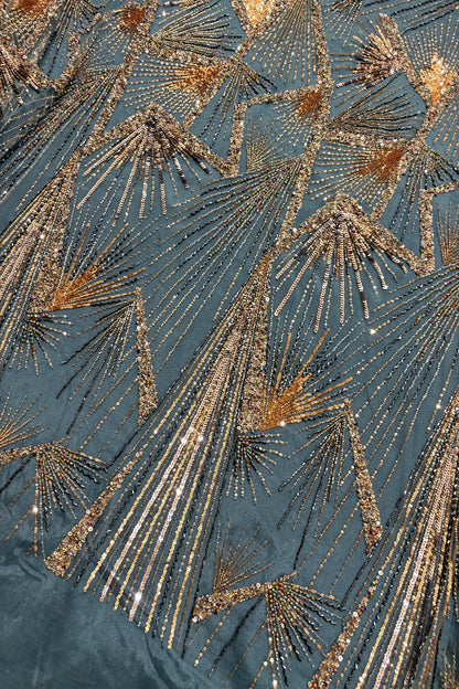 Streaks Of Cutbeads & Sequins Embroidered Sapphire Blue Net Fabric