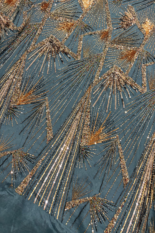 Streaks Of Cutbeads & Sequins Embroidered Sapphire Blue Net Fabric
