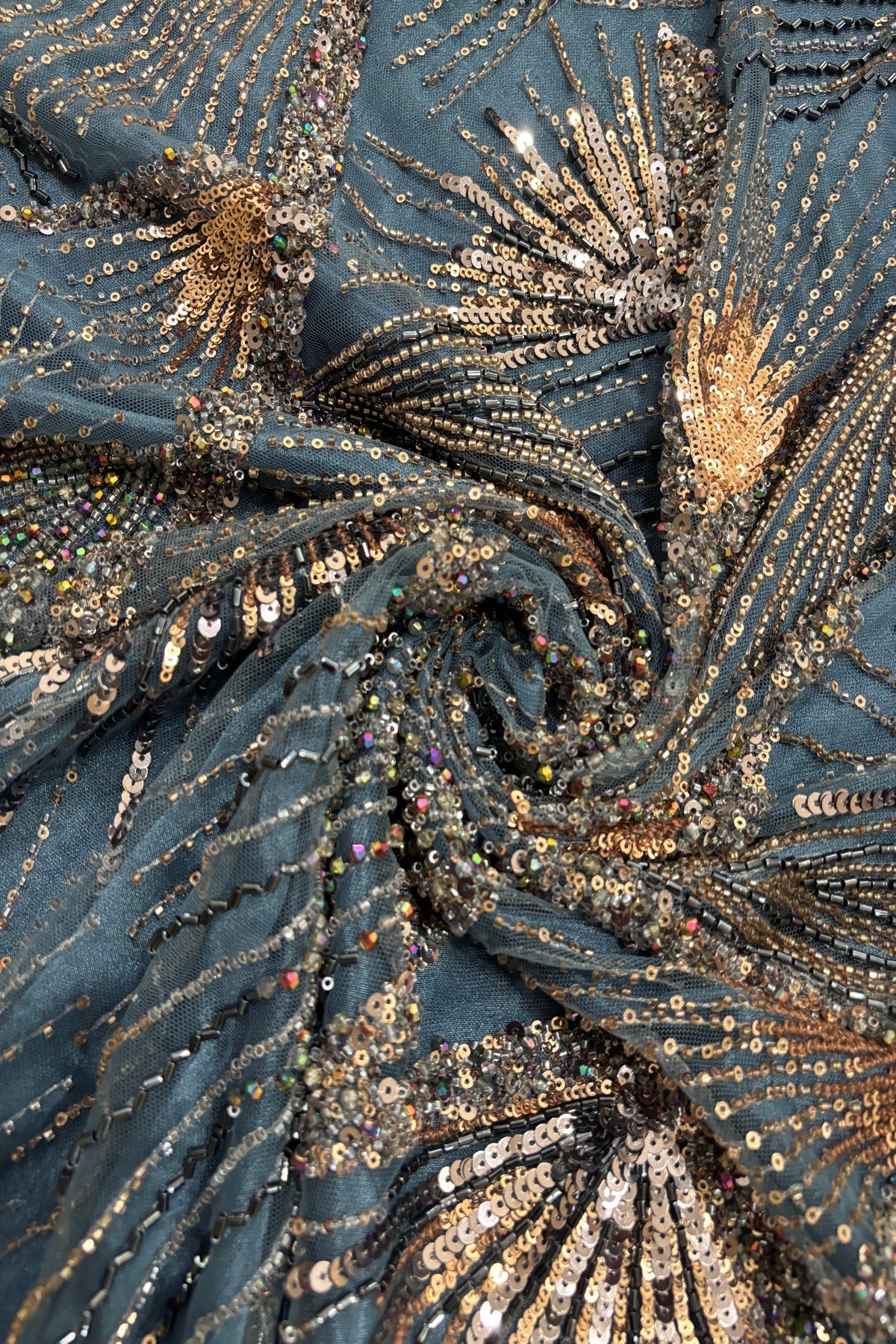 Streaks Of Cutbeads & Sequins Embroidered Sapphire Blue Net Fabric