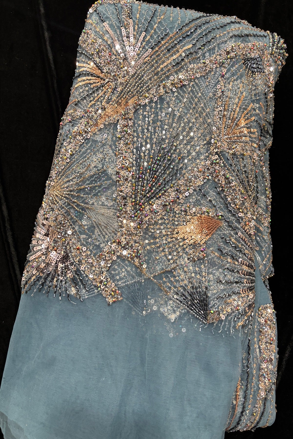 Streaks Of Cutbeads & Sequins Embroidered Sapphire Blue Net Fabric