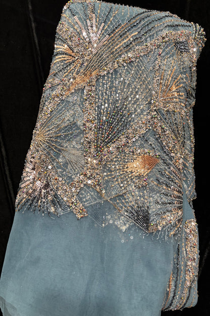 Streaks Of Cutbeads & Sequins Embroidered Sapphire Blue Net Fabric