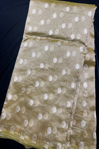 Golden Zari Woven Floral Buttas Pure Tissue Organza Fabric