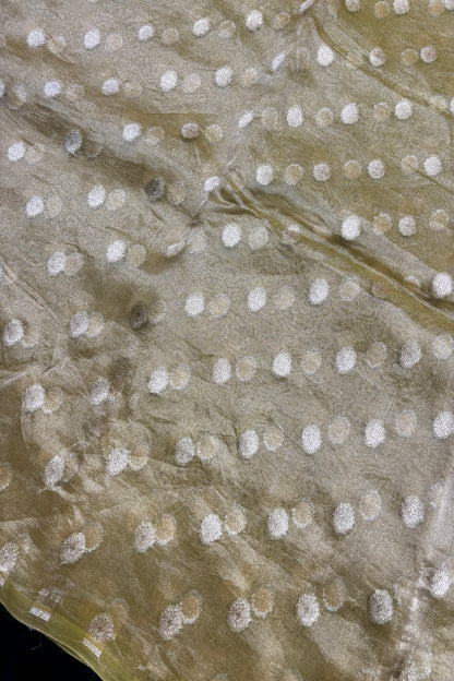 Golden Zari Woven Floral Buttas Pure Tissue Organza Fabric