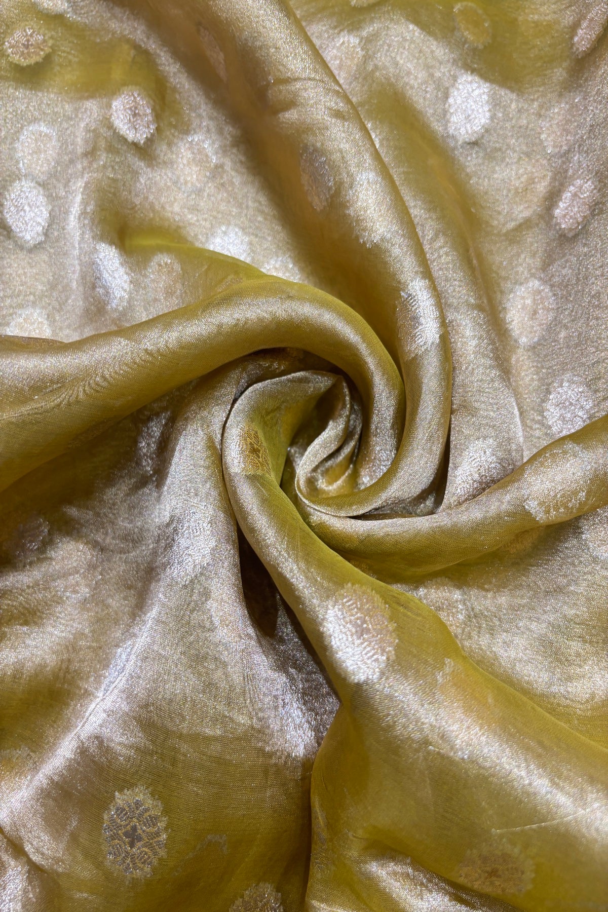 Golden Zari Woven Floral Buttas Pure Tissue Organza Fabric