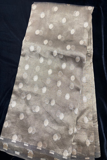 Golden Zari Woven Floral Buttas Pure Tissue Organza Fabric