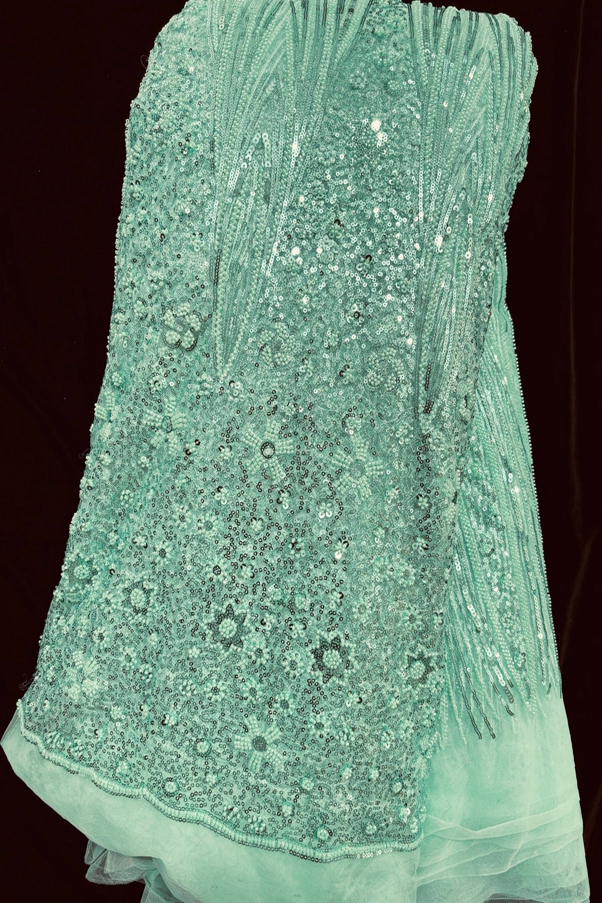 Tear Drop & Floral Scallops With Cut Beads & Sequins Embroidered Net Fabric