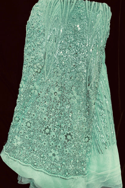 Tear Drop & Floral Scallops With Cut Beads & Sequins Embroidered Net Fabric