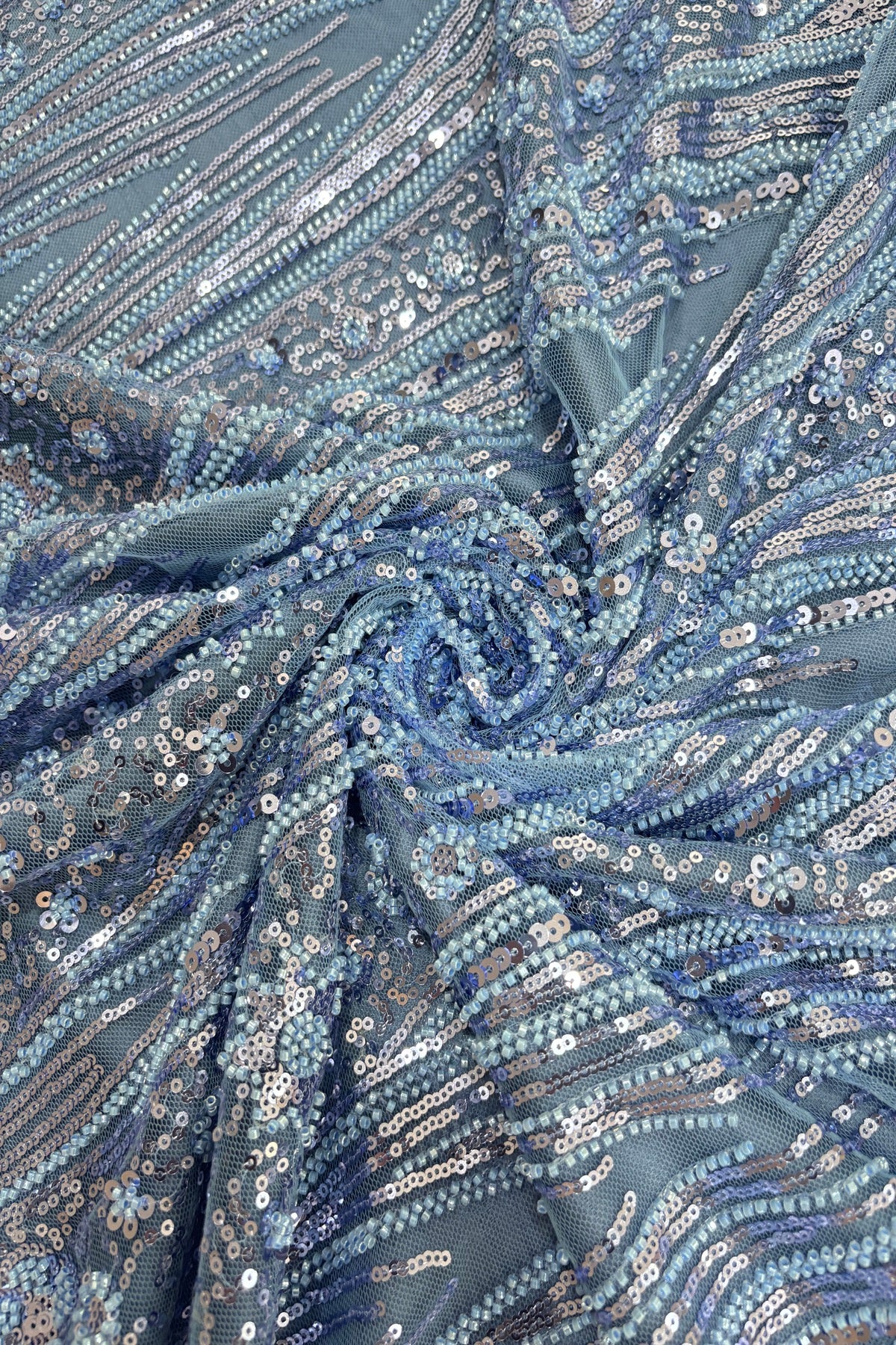 Tear Drop & Floral Scallops With Cut Beads & Sequins Embroidered Net Fabric