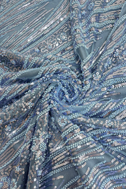 Tear Drop & Floral Scallops With Cut Beads & Sequins Embroidered Net Fabric