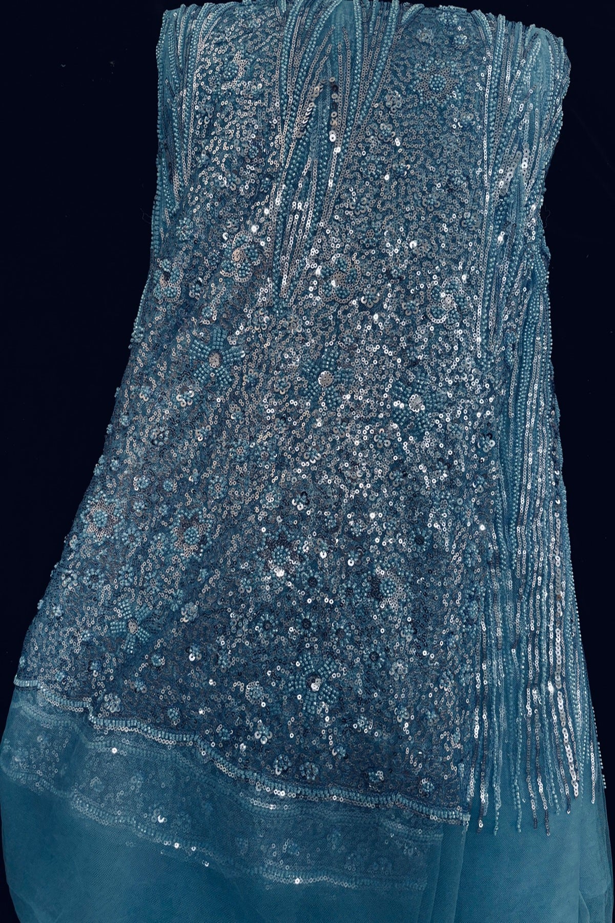 Tear Drop & Floral Scallops With Cut Beads & Sequins Embroidered Net Fabric