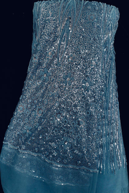 Tear Drop & Floral Scallops With Cut Beads & Sequins Embroidered Net Fabric
