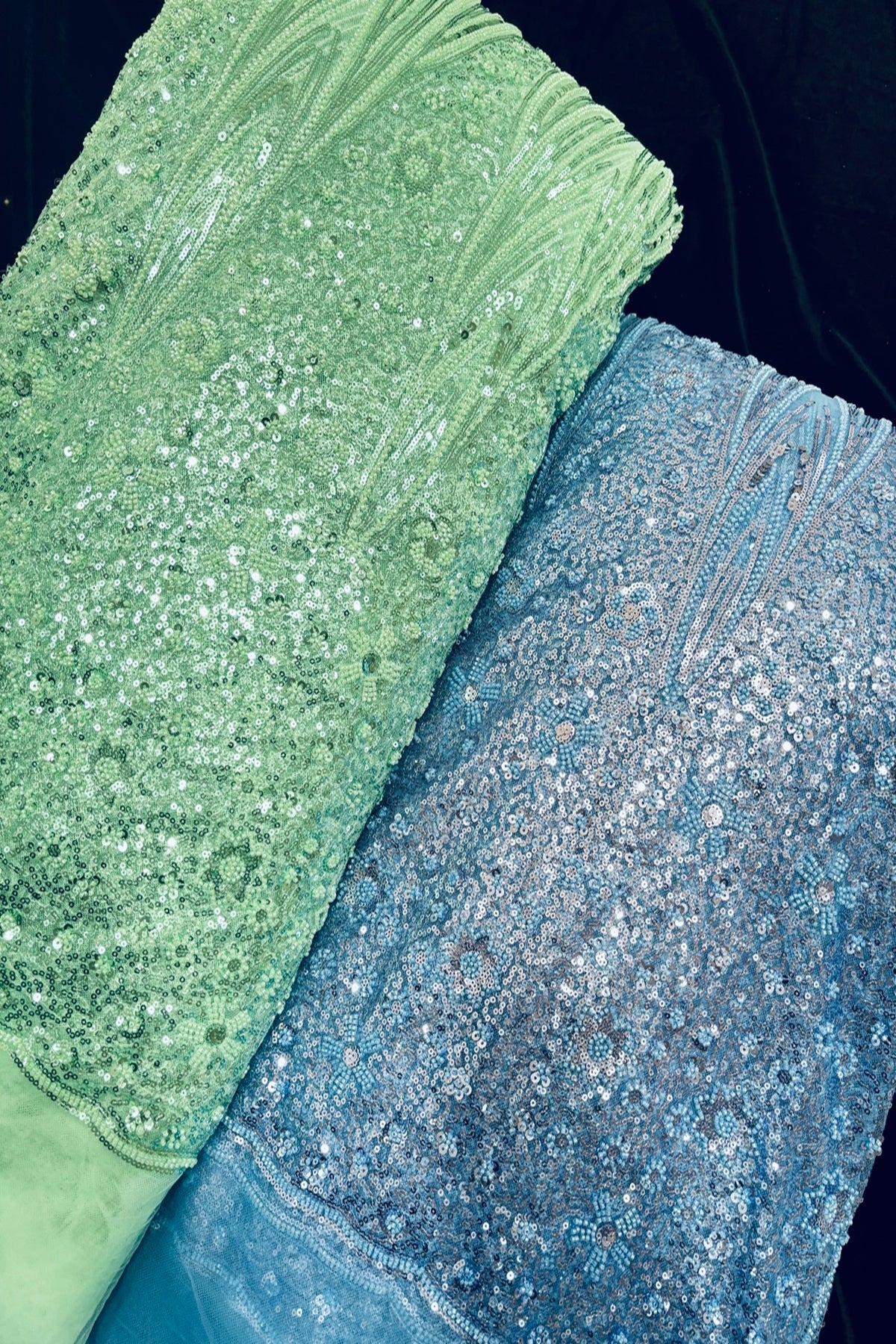 Tear Drop & Floral Scallops With Cut Beads & Sequins Embroidered Net Fabric