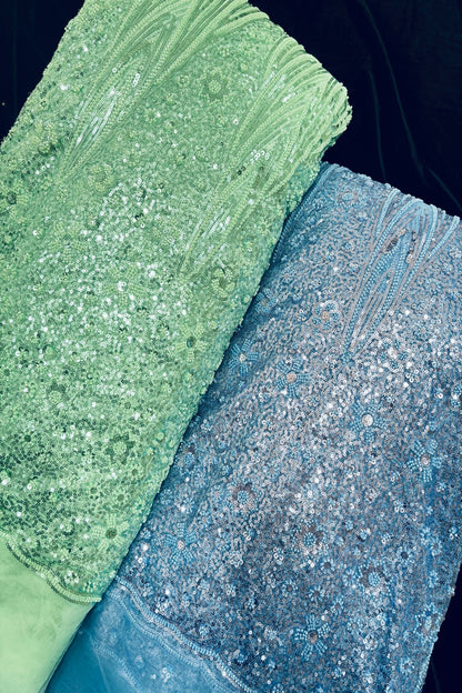 Tear Drop & Floral Scallops With Cut Beads & Sequins Embroidered Net Fabric