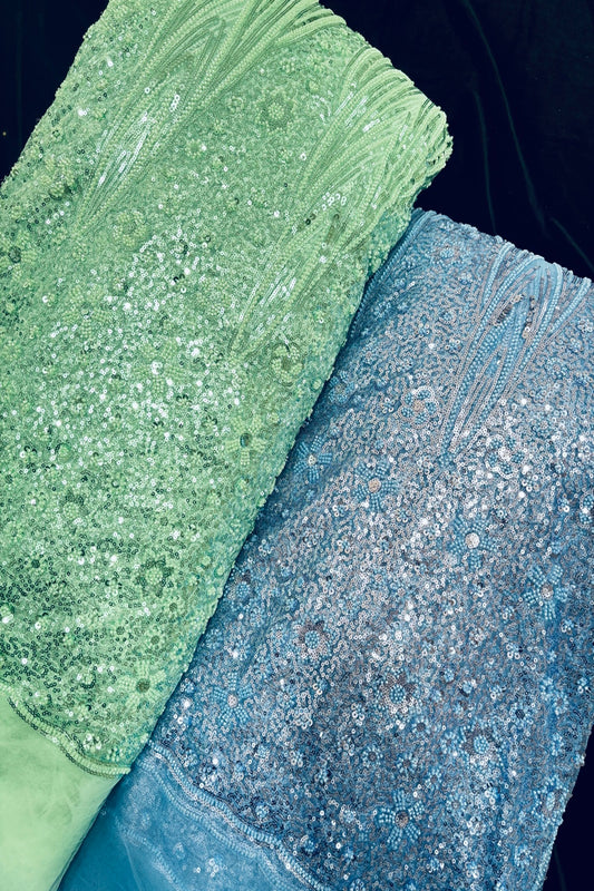Tear Drop & Floral Scallops With Cut Beads & Sequins Embroidered Net Fabric