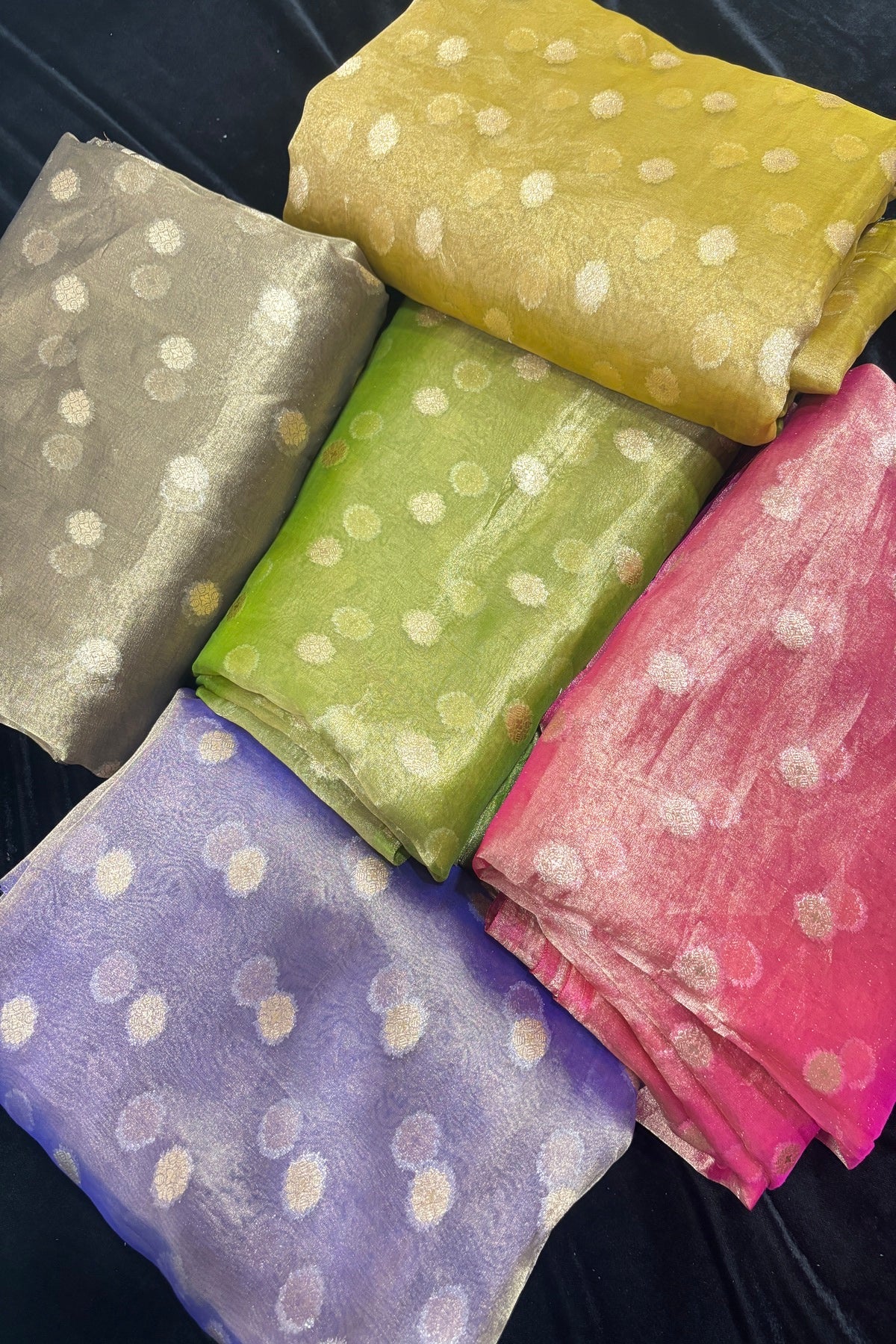 Golden Zari Woven Floral Buttas Pure Tissue Organza Fabric