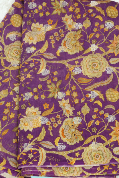 Pomagranate Purple Pure Chanderi Floral printed Woven Fabric