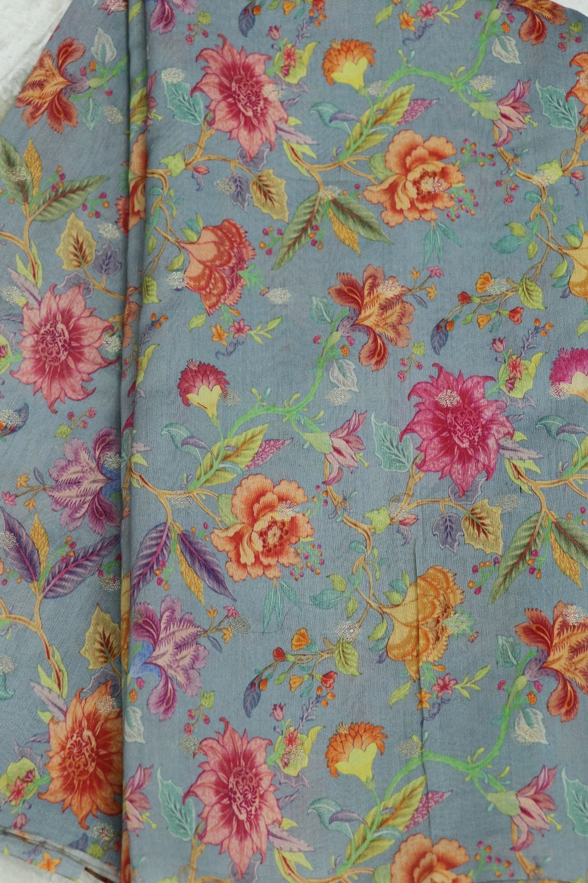 Steel Grey Roses Floral Printed Chanderi Woven Fabric