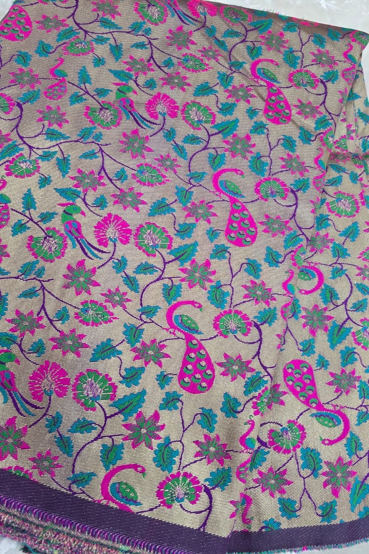 Purple Antiq Gold All Over Jaal With Mor Popat & Floral Woven Paithani Fabric