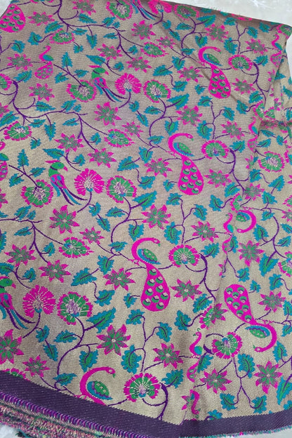 Purple Antiq Gold All Over Jaal With Mor Popat & Floral Woven Paithani Fabric